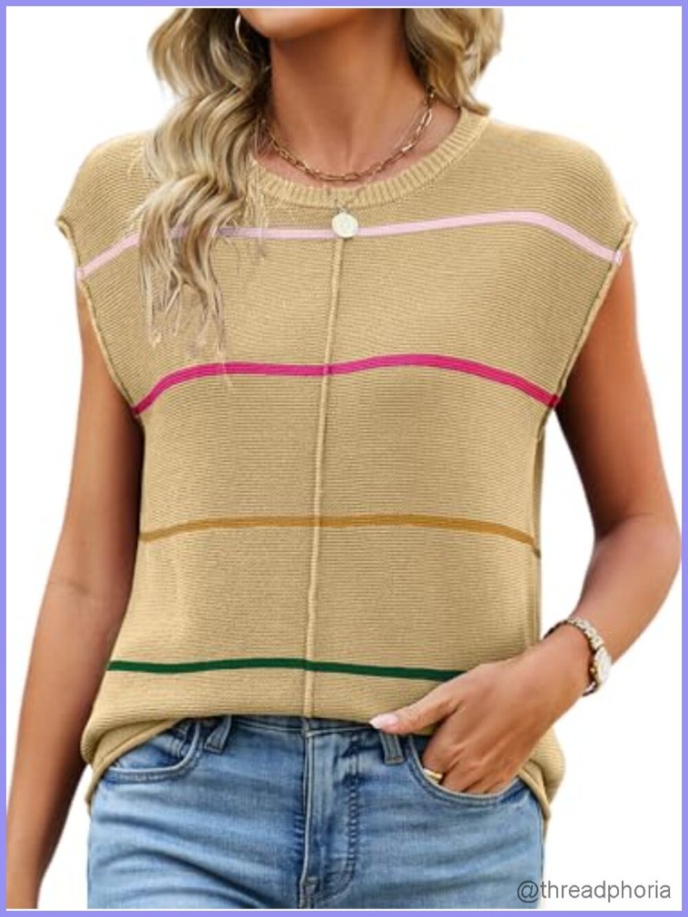 Women's Striped Knit Sweater Vest Cap Sleeve Crew Neck Pullover Summer Tank Top